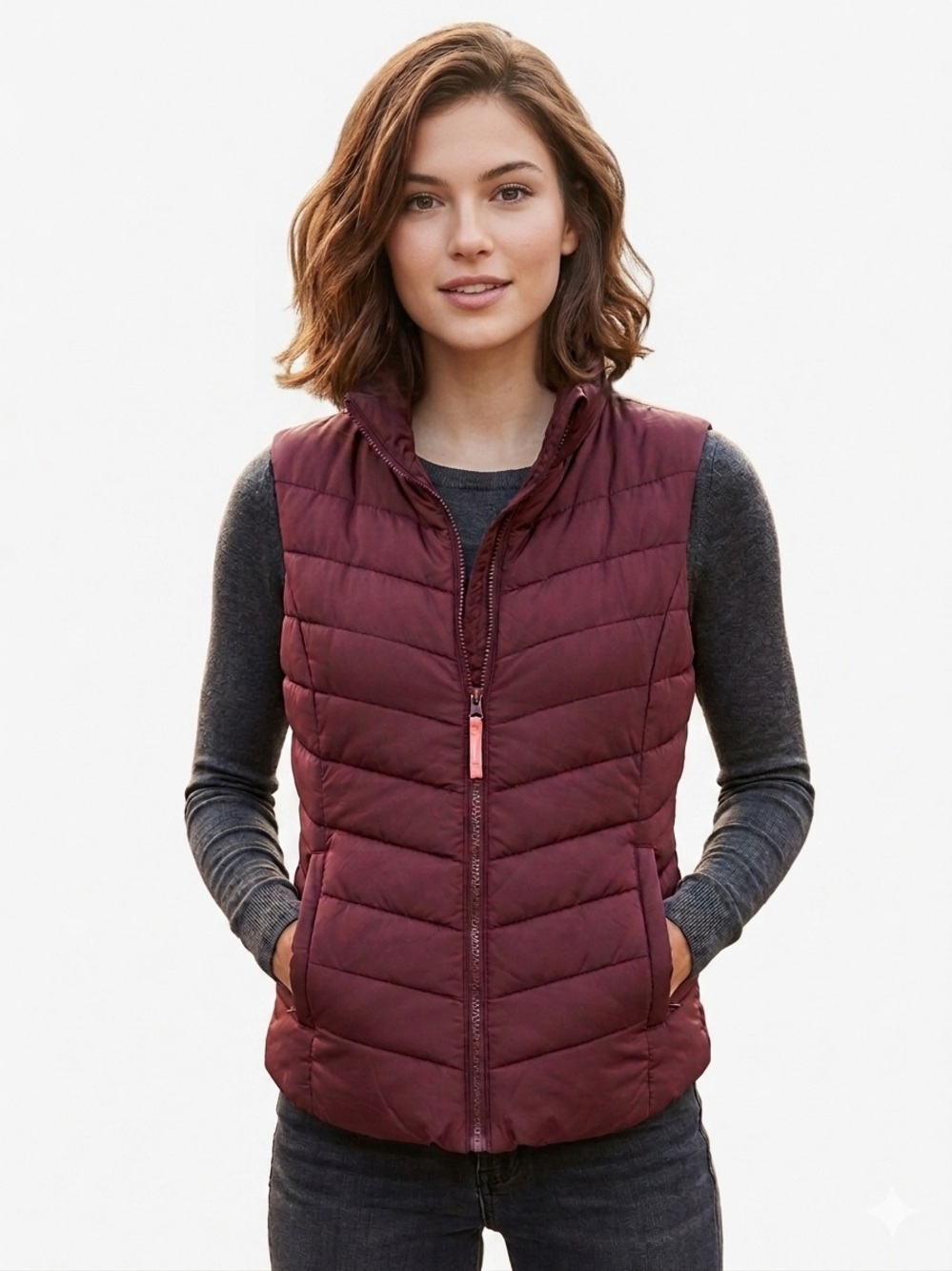 Aeropostale Quilted Puffer Vest in Burgundy with Pink Trim